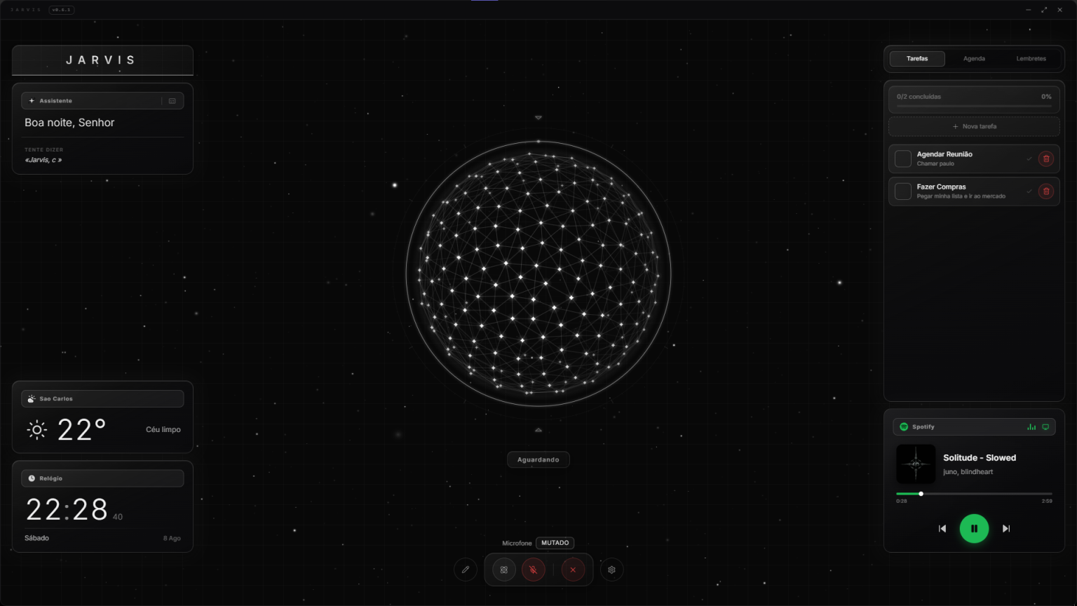 Interface do Jarvis: esfera de rede geodésica no centro, com widgets de tarefas, clima, relógio e Spotify ao redor.